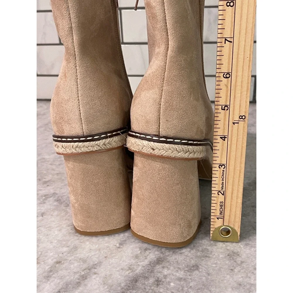 Mi.iM Ankle Boots Women 9 Tan Suede Block Heel Espadrille Trim Square Toe Zip - Picture 9 of 9